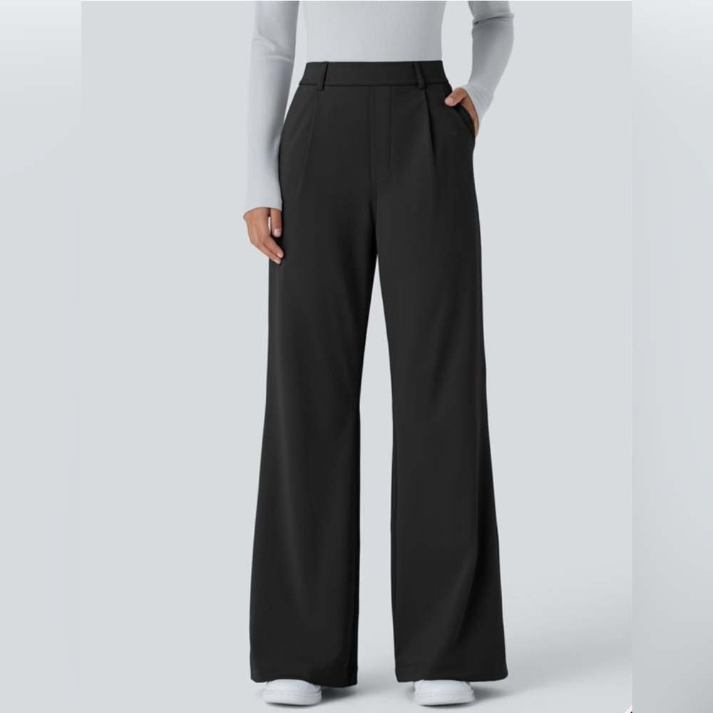 Show Po women’s 6 Elegant Black Wide-Leg Pants with front pockets/front zip